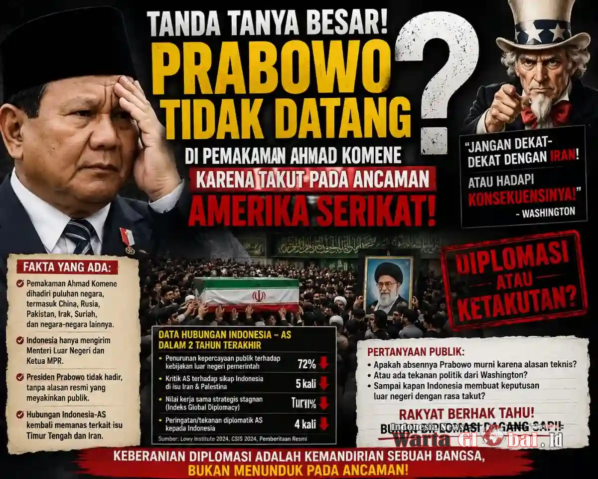 WartaGlobal Soroti!
Mengapa Prabowo Tidak Hadir di Pemakaman Khamenei? Pertanyaan Publik Menguat, Bukti Ancaman AS Belum Terungkap