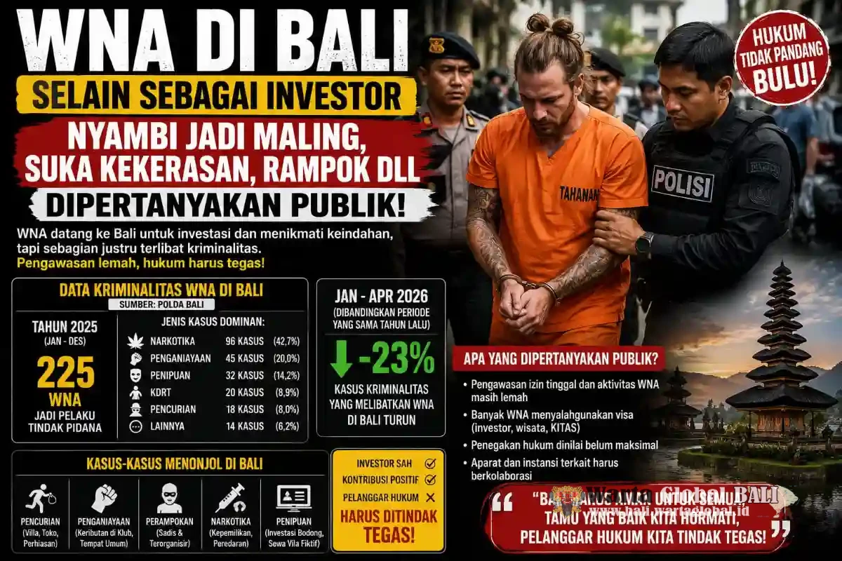 WNA di Bali: Datang sebagai Investor, Sebagian Tersandung Kriminalitas, Pengawasan Dipertanyakan Publik
Polda Bali Catat 301 Kasus Kriminal Libatkan WNA Sepanjang 2025.