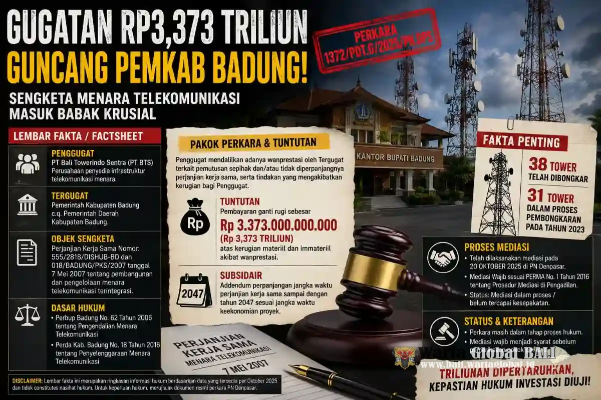 Kabupaten Badung Akan Bangkrut ! "Gugatan Rp3,373 Triliun Guncang Pemkab Badung, Sengketa Menara Telekomunikasi Masuk Babak Krusial, Pelayanan Publik Total Berhenti"