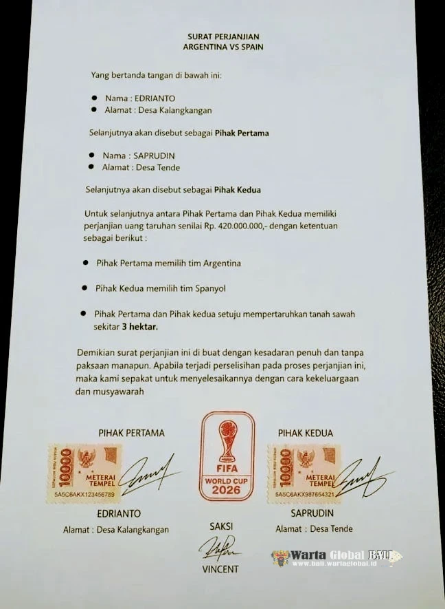 Taruhan Final Piala Dunia 2026 Viral, Sawah 3 Hektare Dipertaruhkan: Fanatisme atau Judi? Taruhan Final Piala Dunia 2026 Viral, Sawah 3 Hektare Dipertaruhkan: Fanatisme atau Judi?